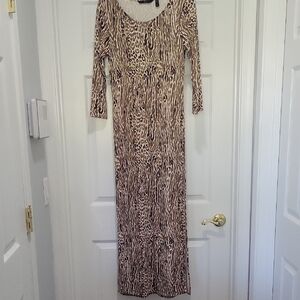 Brown Animal Print High Double Slit Long Sleeve Dress XS